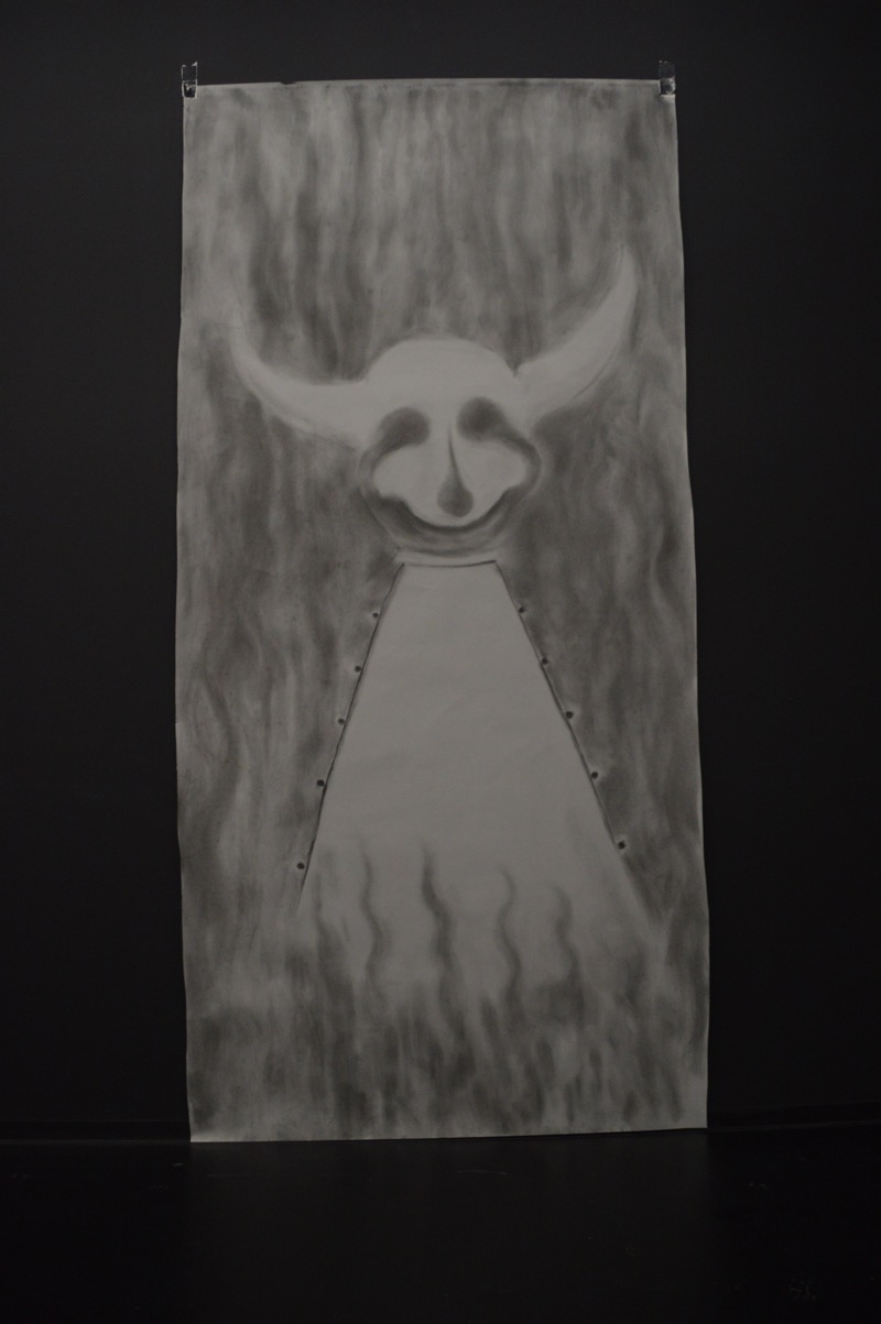 Jesse Asselman Creation in Space III, charcoal on grey paper, 115x230, 2018